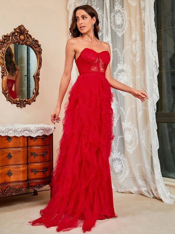 WW | Damen Frühling Sommer Neue Große Größe Spitzen-Mesh-Röhrenoberteil Sexy Kleid