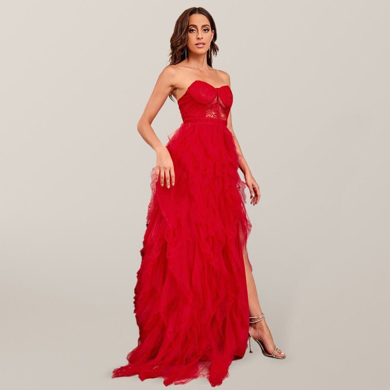 WW | Damen Frühling Sommer Neue Große Größe Spitzen-Mesh-Röhrenoberteil Sexy Kleid