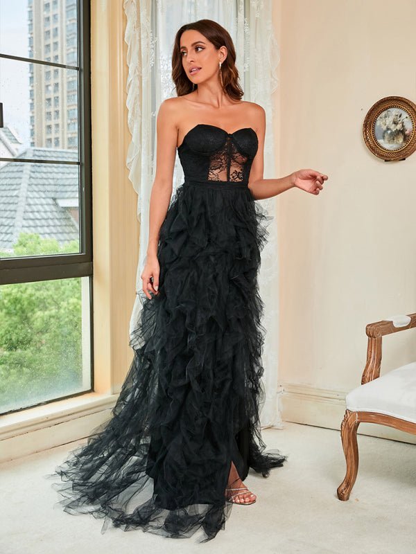 WW | Damen Frühling Sommer Neue Große Größe Spitzen-Mesh-Röhrenoberteil Sexy Kleid
