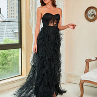 WW | Damen Frühling Sommer Neue Große Größe Spitzen-Mesh-Röhrenoberteil Sexy Kleid