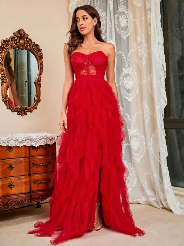 WW | Damen Frühling Sommer Neue Große Größe Spitzen-Mesh-Röhrenoberteil Sexy Kleid