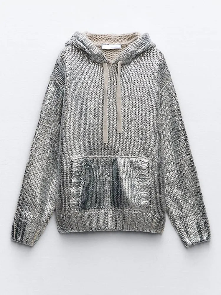 Wolff | Schicker Damen-Kapuzenpullover Mit Metallic-Rippbesatz Und Folie