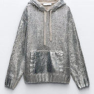 WW | Schicker Damen-Kapuzenpullover Mit Metallic-Rippbesatz Und Folie