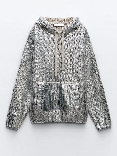 W&W Mode | Schicker Damen-Kapuzenpullover Mit Metallic-Rippbesatz Und Folie