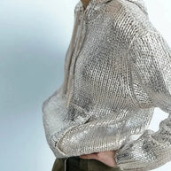 WW | Schicker Damen-Kapuzenpullover Mit Metallic-Rippbesatz Und Folie