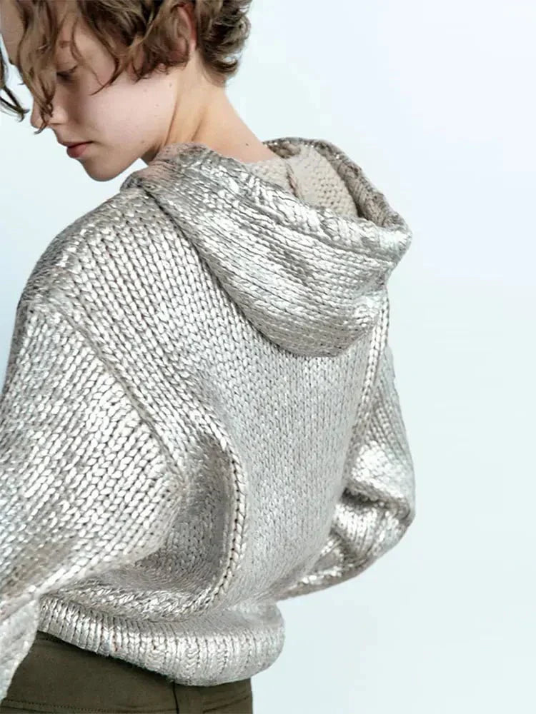 Wolff | Schicker Damen-Kapuzenpullover Mit Metallic-Rippbesatz Und Folie