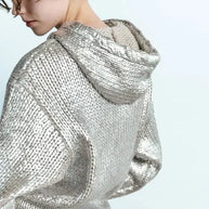 WW | Schicker Damen-Kapuzenpullover Mit Metallic-Rippbesatz Und Folie