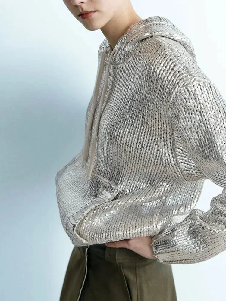 Wolff | Schicker Damen-Kapuzenpullover Mit Metallic-Rippbesatz Und Folie