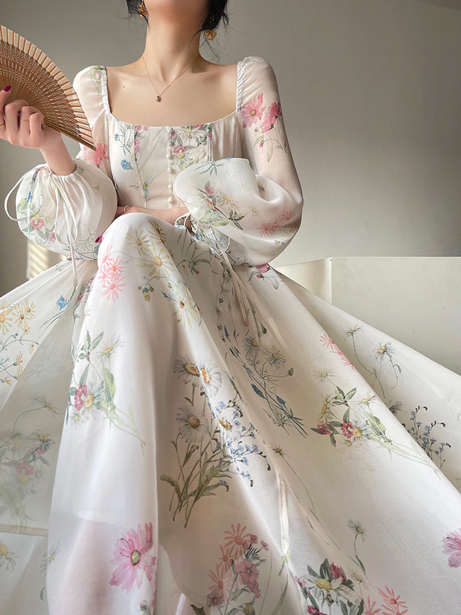 WW | Damen Chiffon Langarm Off-Shoulder Midi Kleid