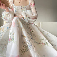WW | Damen Chiffon Langarm Off-Shoulder Midi Kleid