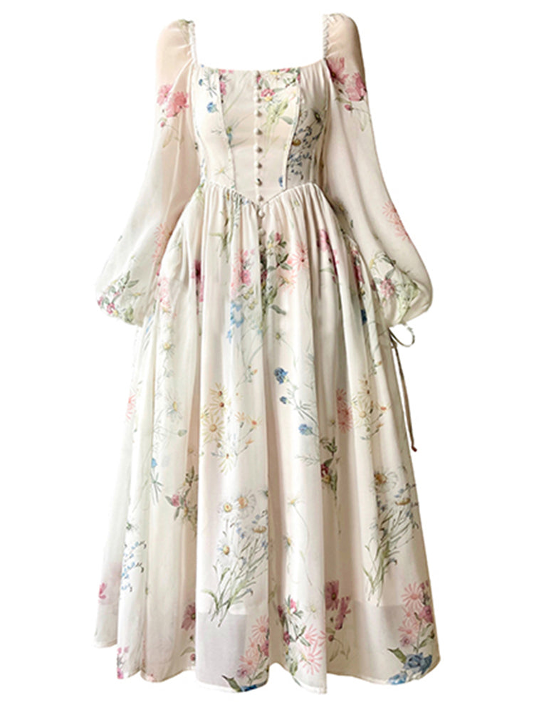 Damen Chiffon-Midikleid mit Puffärmeln und quadratischem Ausschnitt