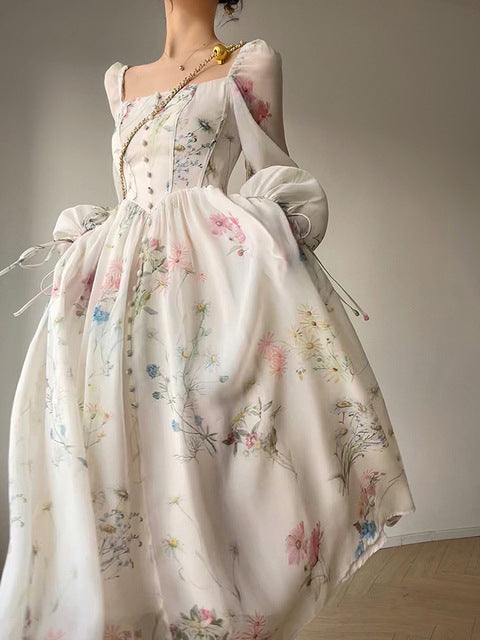 Damen Chiffon-Midikleid mit Puffärmeln und quadratischem Ausschnitt