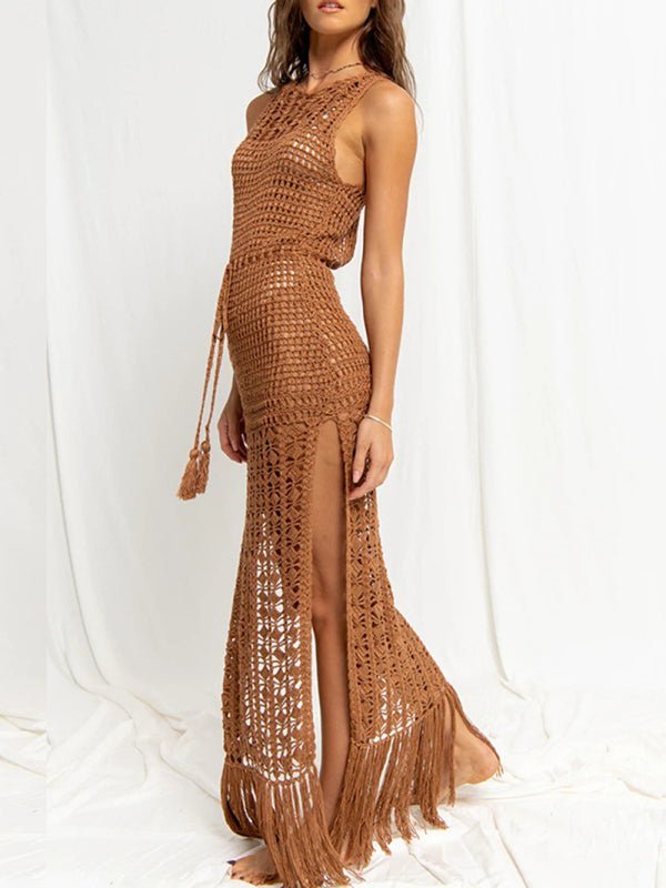 WW | Damen Bikinioberteil Hohes Spitze Quaste Badeanzug Mantel Strand Lange Kleid
