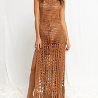 WW | Damen Bikinioberteil Hohes Spitze Quaste Badeanzug Mantel Strand Lange Kleid