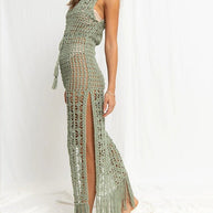 WW | Damen Bikinioberteil Hohes Spitze Quaste Badeanzug Mantel Strand Lange Kleid