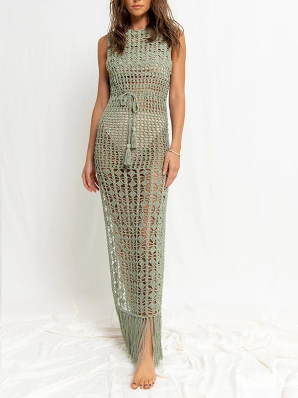 WW | Damen Bikinioberteil Hohes Spitze Quaste Badeanzug Mantel Strand Lange Kleid