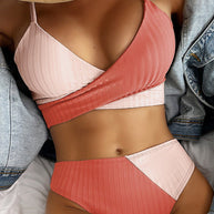 WW | Damenbikini mit Schnürung, Kontrast, Hohe Taille, Zweiteiliges Badekleidung