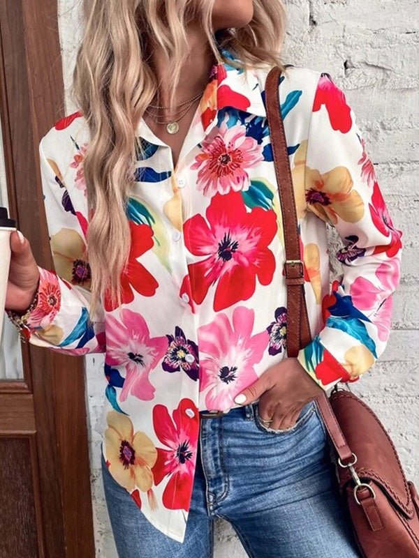 WW | Damen Blusen Blumenmuster Langarm Lässige Bluse