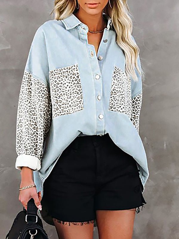 WW | Damen Blusen Langarm Leopardenmuster Kragenbluse