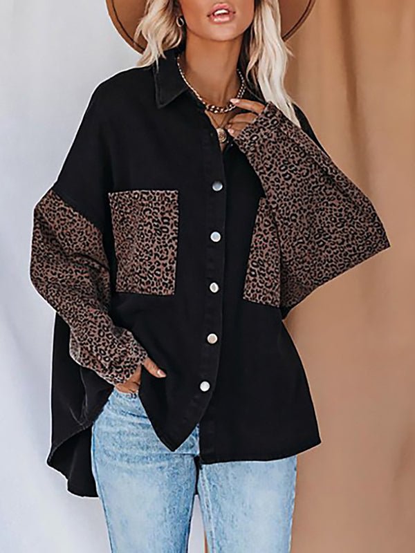 WW | Damen Blusen Langarm Leopardenmuster Kragenbluse