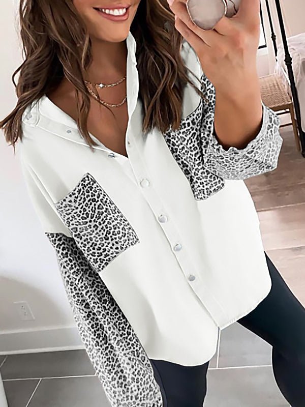 WW | Damen Blusen Langarm Leopardenmuster Kragenbluse