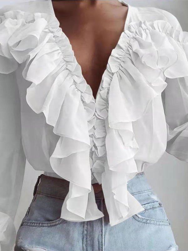 WW | Damenblusen Rüschenter V-Ausschnitt Chiffon Langärmlige Bluse