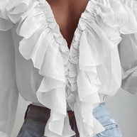 WW | Damenblusen Rüschenter V-Ausschnitt Chiffon Langärmlige Bluse