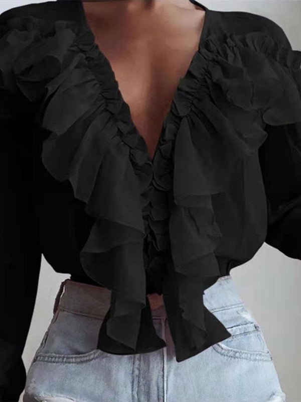 WW | Damenblusen Rüschenter V-Ausschnitt Chiffon Langärmlige Bluse