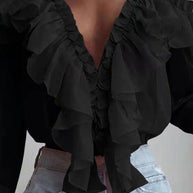 WW | Damenblusen Rüschenter V-Ausschnitt Chiffon Langärmlige Bluse