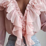 WW | Damenblusen Rüschenter V-Ausschnitt Chiffon Langärmlige Bluse