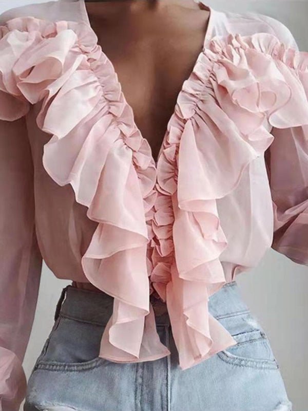 WW | Damenblusen Rüschenter V-Ausschnitt Chiffon Langärmlige Bluse
