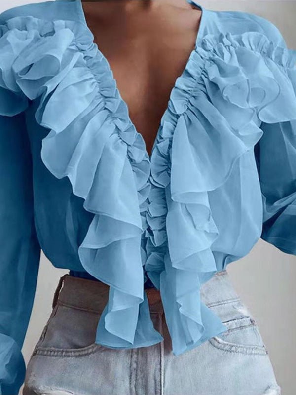 WW | Damenblusen Rüschenter V-Ausschnitt Chiffon Langärmlige Bluse