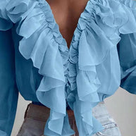 WW | Damenblusen Rüschenter V-Ausschnitt Chiffon Langärmlige Bluse