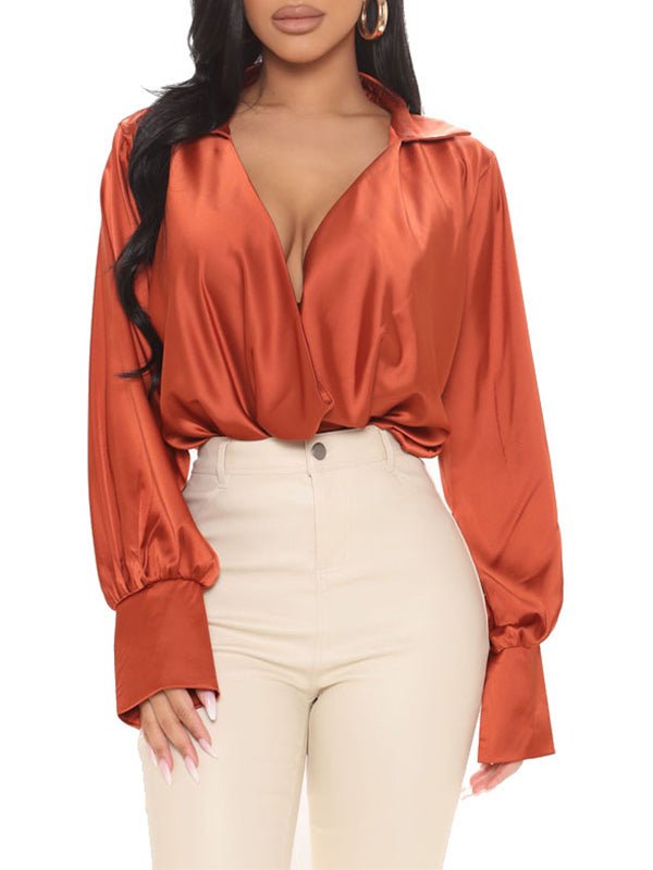 WW | Damen Blusen Sexy V-Ausschnitt Satin Bluse