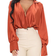 WW | Damen Blusen Sexy V-Ausschnitt Satin Bluse
