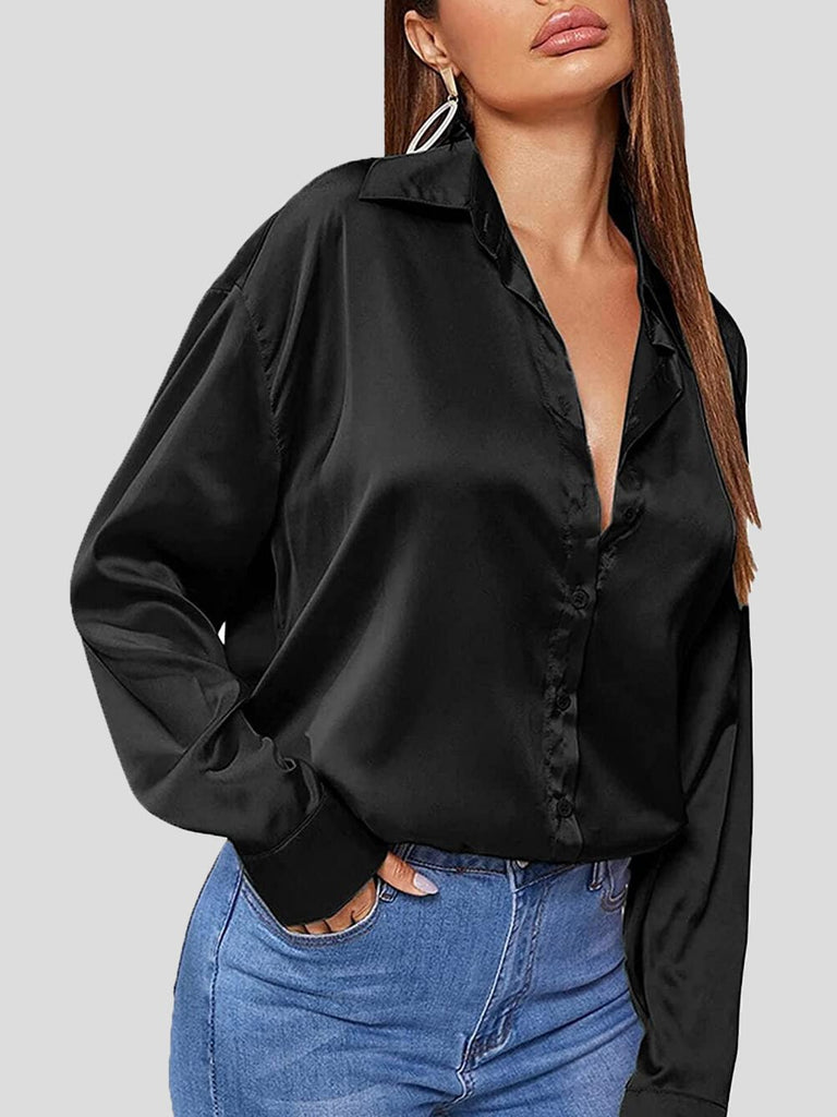 WW | Damen Blusen Einfarbig Satin Polo Hals Langarm Bluse