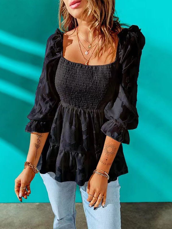 WW | Damen Blusen Quadratischer Ausschnitt Lange Ärmel Volant Chiffon Bluse