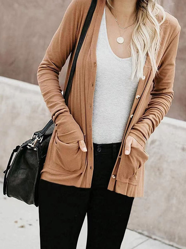 WW | Frauen Strickpullover Loose Knopf Tasche Strick Pullover