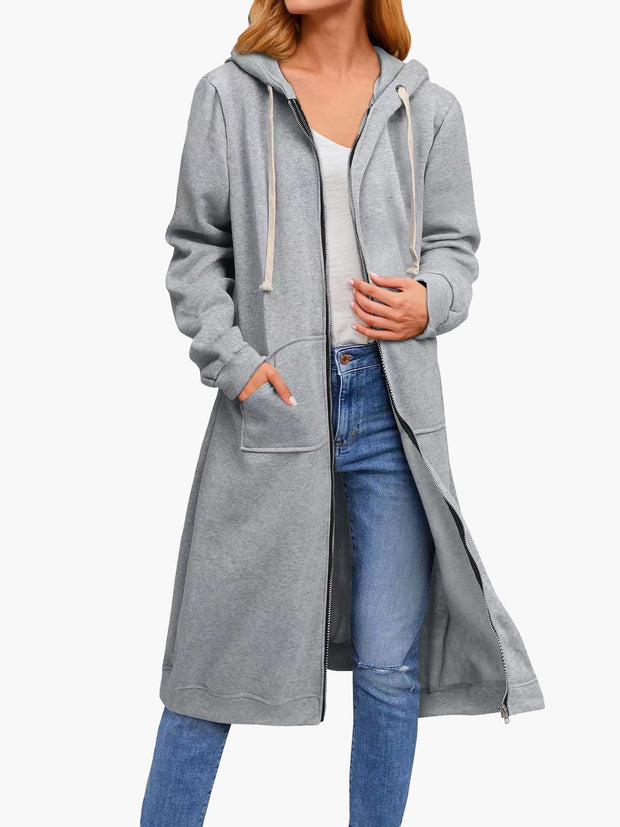 WW | Damen Strickjacke Lässig Reißverschluss Taschen Kapuze Strickjacke Lang