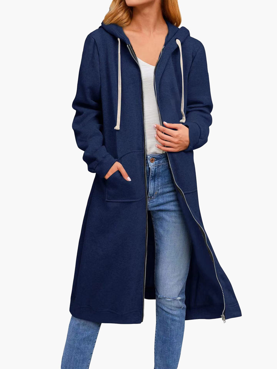 WW | Damen Strickjacke Lässig Reißverschluss Taschen Kapuze Strickjacke Lang