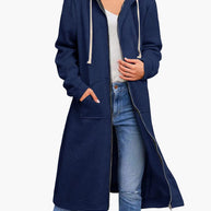 WW | Damen Strickjacke Lässig Reißverschluss Taschen Kapuze Strickjacke Lang