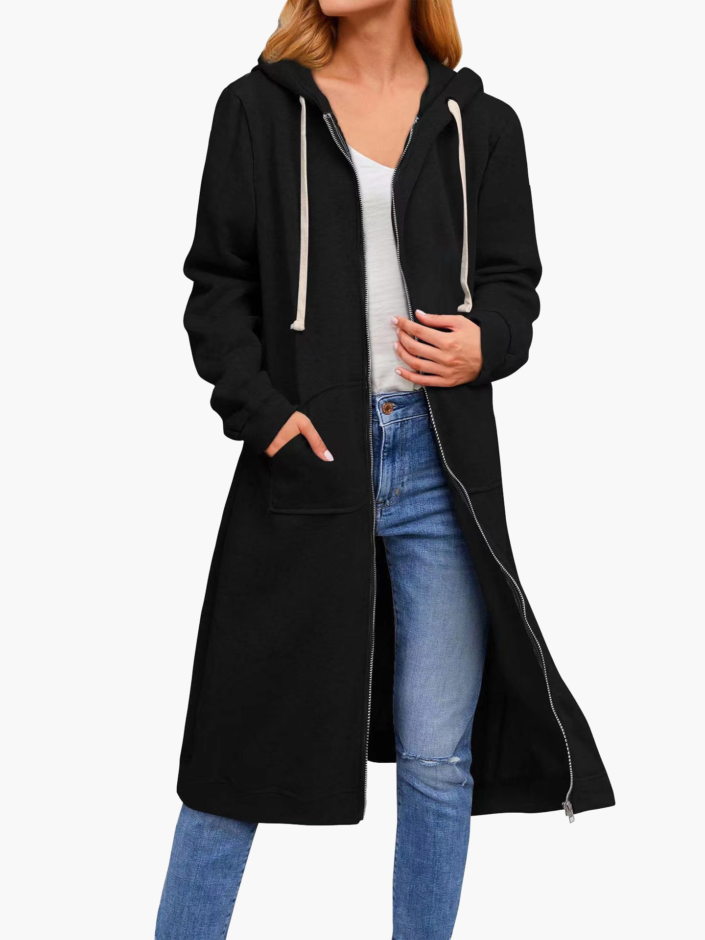 WW | Damen Strickjacke Lässig Reißverschluss Taschen Kapuze Strickjacke Lang