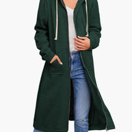 WW | Damen Strickjacke Lässig Reißverschluss Taschen Kapuze Strickjacke Lang