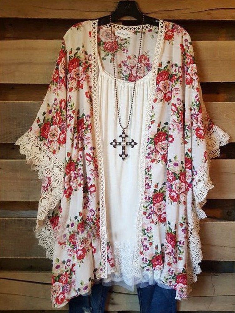 WW | Frauen Strickpullover Gedruckt Spitzenpaneel Chiffon Strickpullover