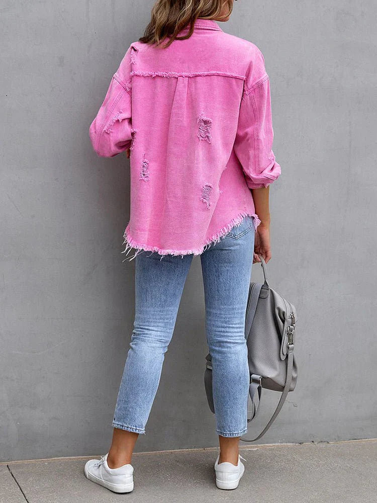 WW | Damenjacken Mittel Lange Tattered Loose Denim Jacke