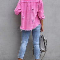 WW | Damenjacken Mittel Lange Tattered Loose Denim Jacke