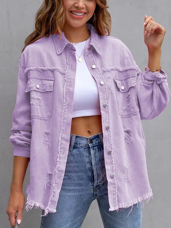 WW | Damenjacken Mittel Lange Tattered Loose Denim Jacke