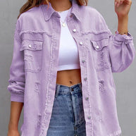 WW | Damenjacken Mittel Lange Tattered Loose Denim Jacke