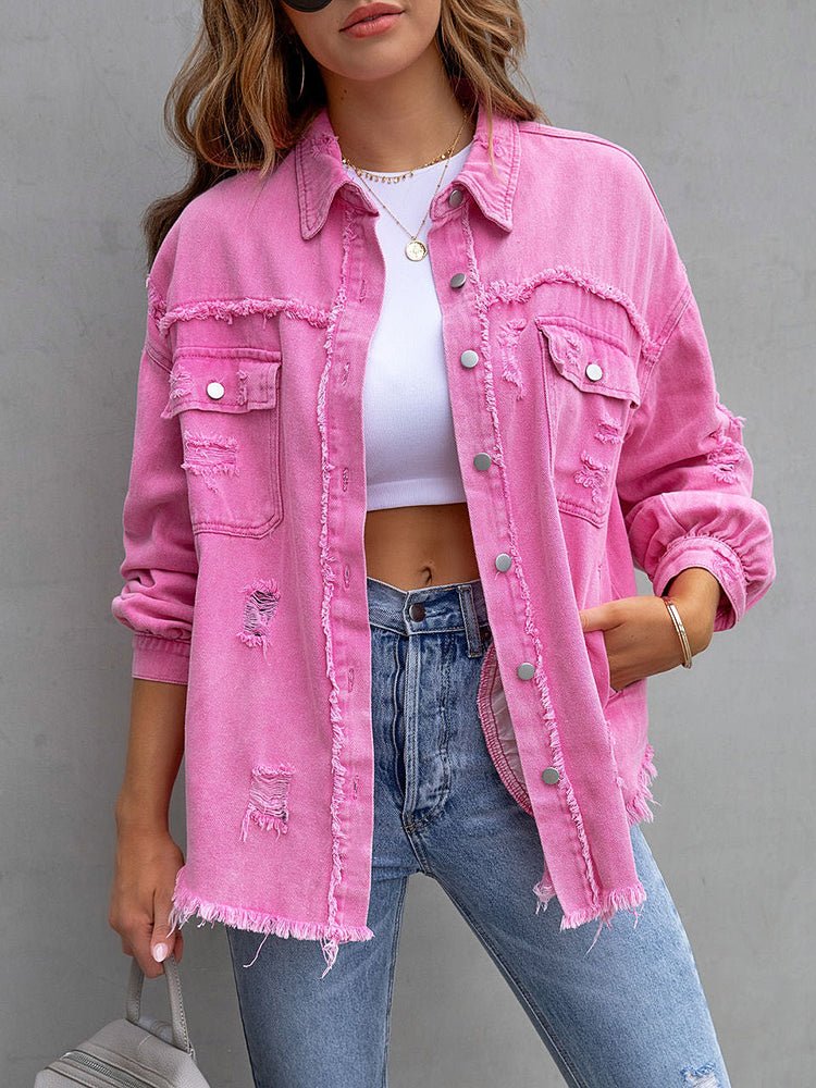 WW | Damenjacken Mittel Lange Tattered Loose Denim Jacke