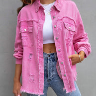 WW | Damenjacken Mittel Lange Tattered Loose Denim Jacke